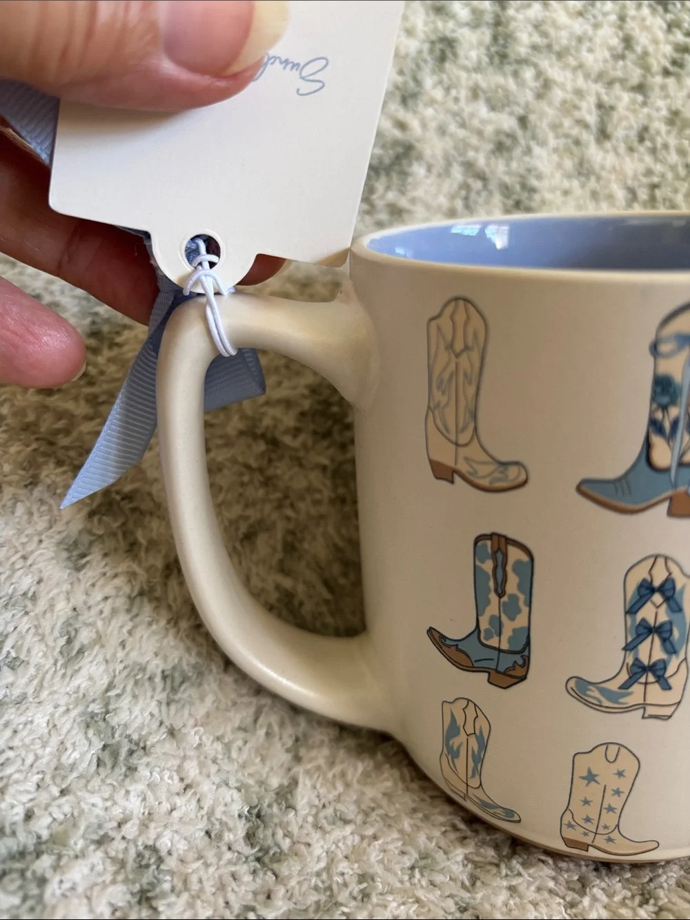 Cute Artisan Blue & Cream Cowboy Boot Ceramic Mug 16oz NWT Sunday Morning